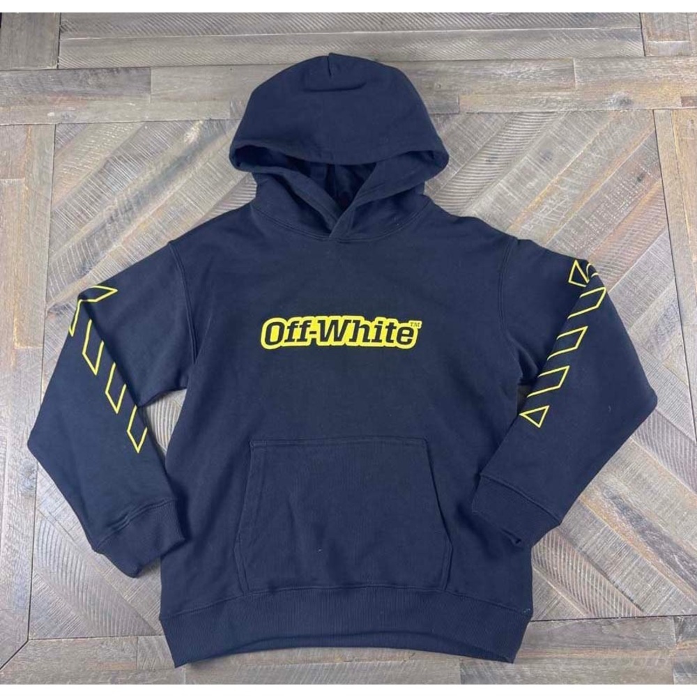 Off-White Kids Black Yellow Logo Diagonal Stripe Hoodie Size M 10/12 NEW